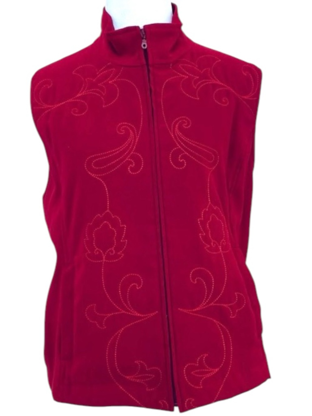 VINTAGE KORET Vest Petite XL City Blues Zip Up Burgundy Red Embroidery Retro
